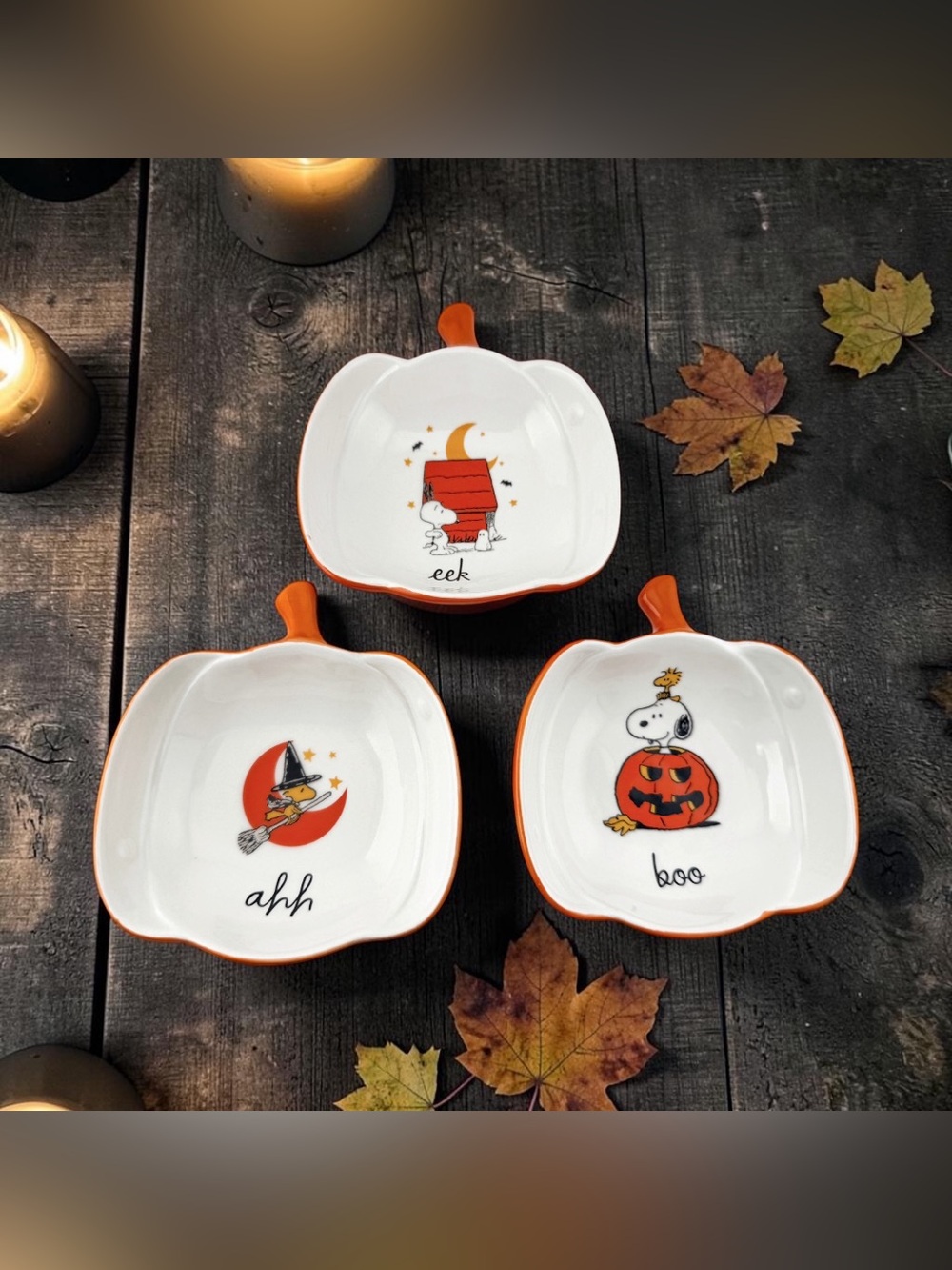 Rae Dunn Peanuts Snoopy Halloween Pumpkin Shaped Appetizer Plates Set of 3 NWT